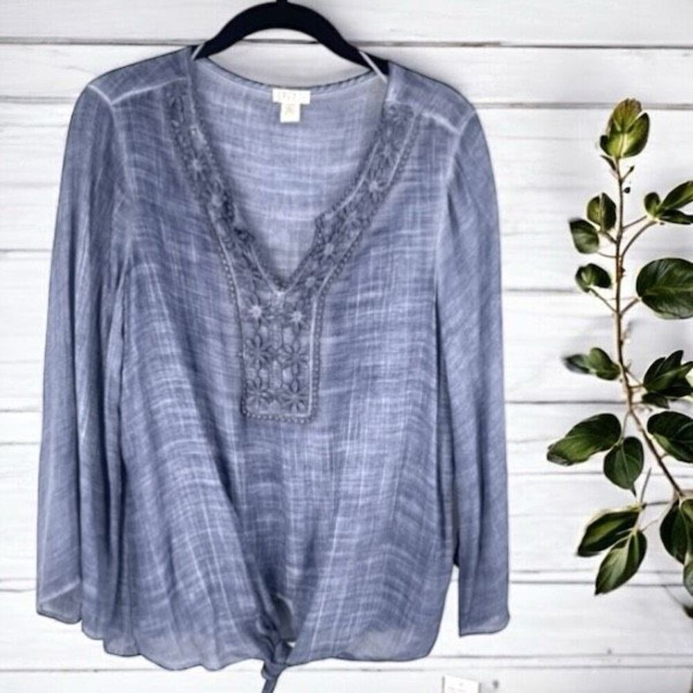 NWT Spense Women's Tie Front‎ Embroidered Bell Sleeve Boho Top Blue Size Small